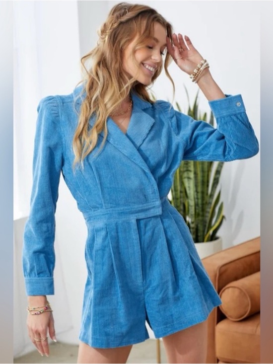 Day + Moon Other - Women's Light Blue Corduroy Wrap Romper with Belted Waist